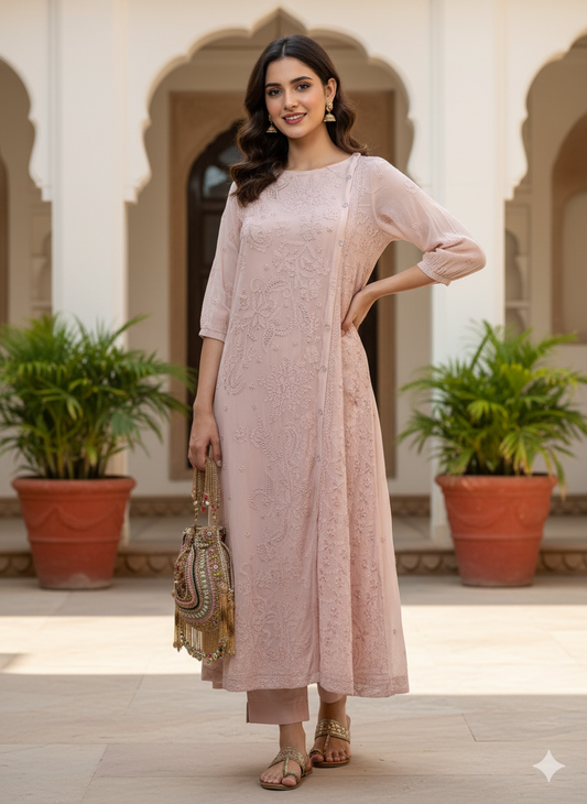 Elegant Chikankari Embroidered Georgette Side Button Dress - Onion Pink