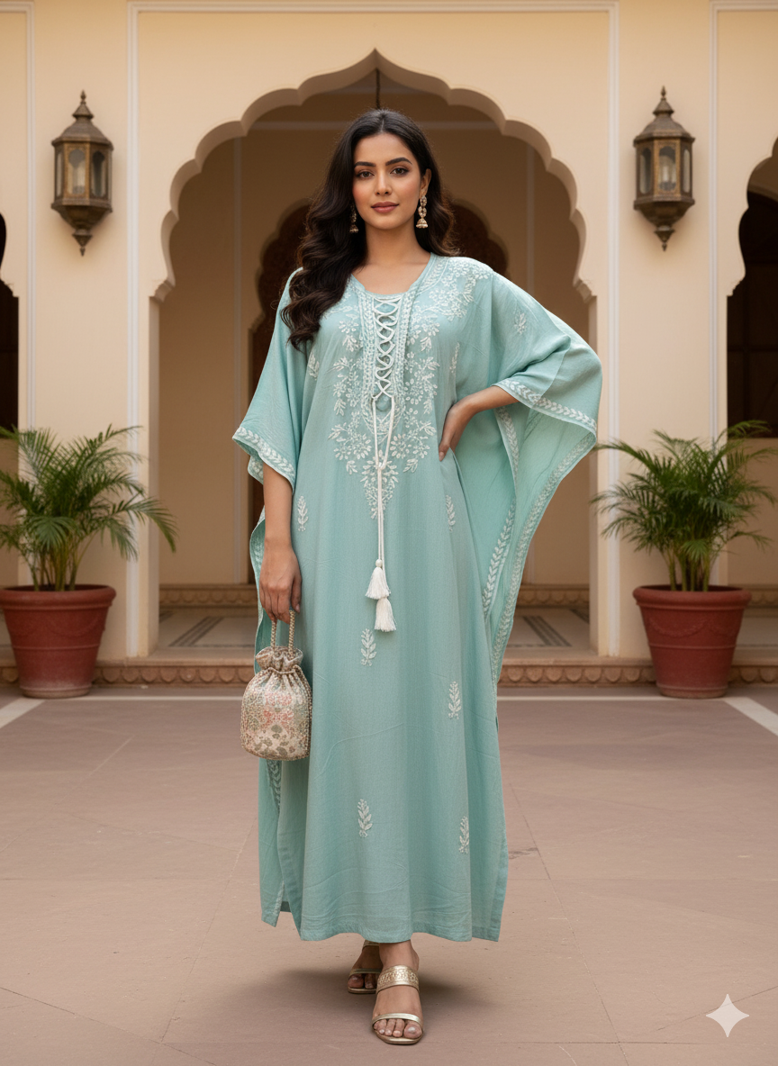 Sea Green Crush Rayon Kaftan with Intricate Chikankari Embroidery - SHILVIKA