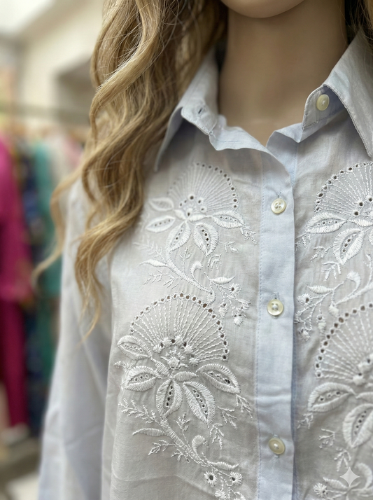 Pure Silk Shirt with Chikan Embroidery - Celeste Blue - SHILVIKA