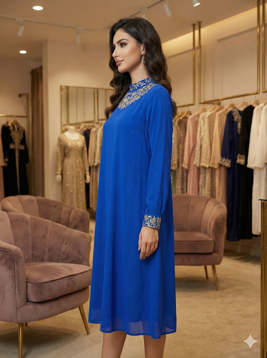 Pure Silk Double Georgette Tunic Dress - Royal Blue