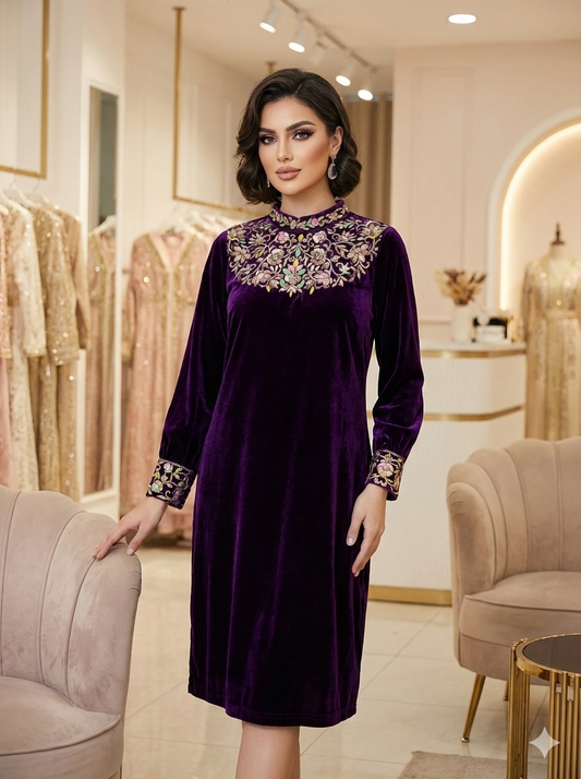 Velvet Embroidered Tunic Dress - Purple