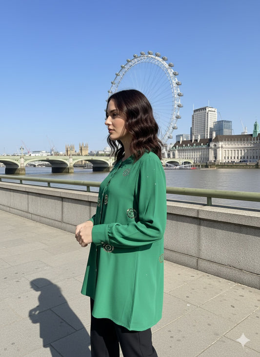 Pure Silk Georgette Shirt with Balda Work - Green