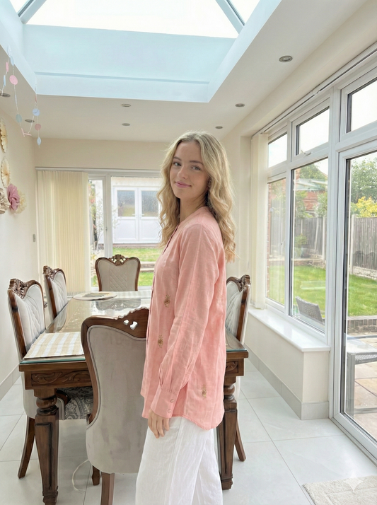 Pure Chanderi Silk Zardozi Shirt with Balda Work - Peach