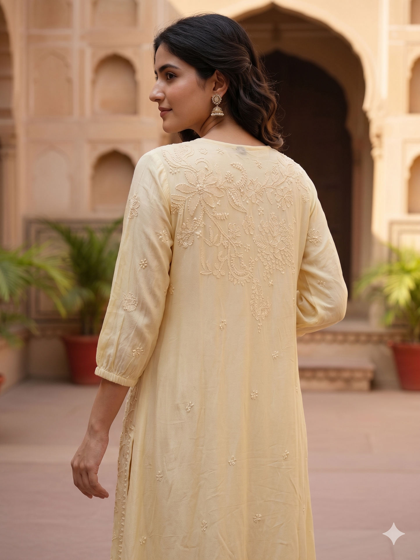 Elegant Chikankari Embroidered Georgette Side Button Dress - Light Mustard - SHILVIKA
