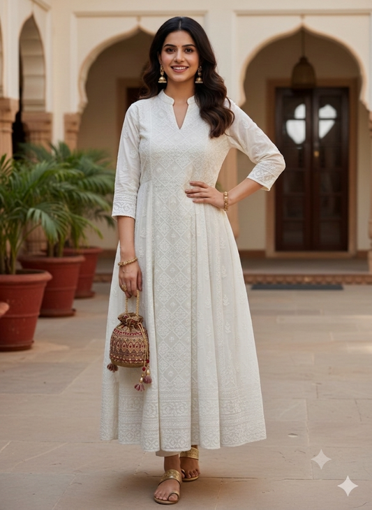 Handcrafted Ivory and White Chanderi Lucknowi Anarkali Dress with Chanderi Pants and Dupatta