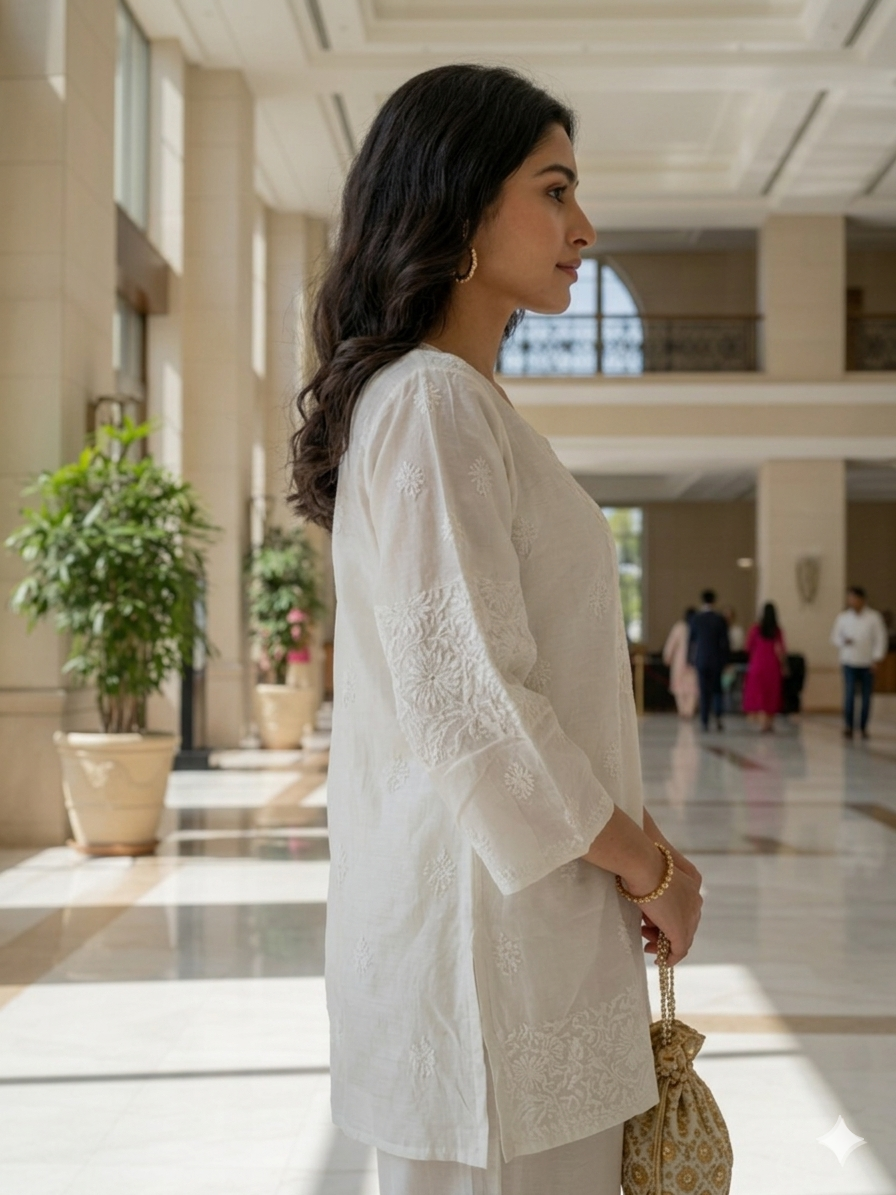 Chikan Hand Embroidery Chanderi Patch Top - Ivory - SHILVIKA