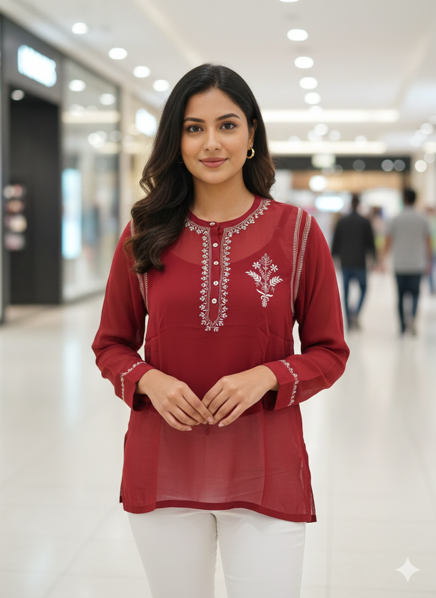 Pure Silk Georgette Shirt with Chikan Embroidery - Burgundy - SHILVIKA