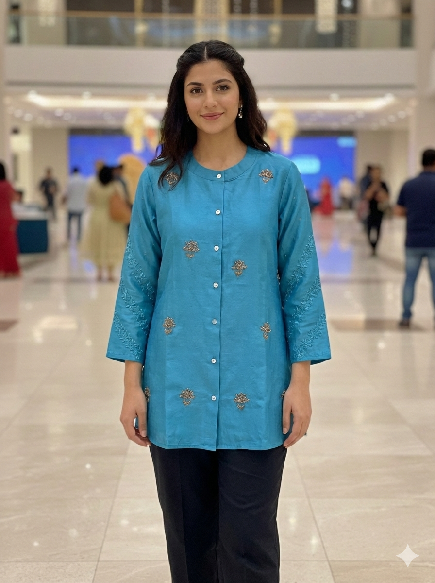 Pure Chanderi Silk Zardozi Shirt with Balda Work - Blue - SHILVIKA
