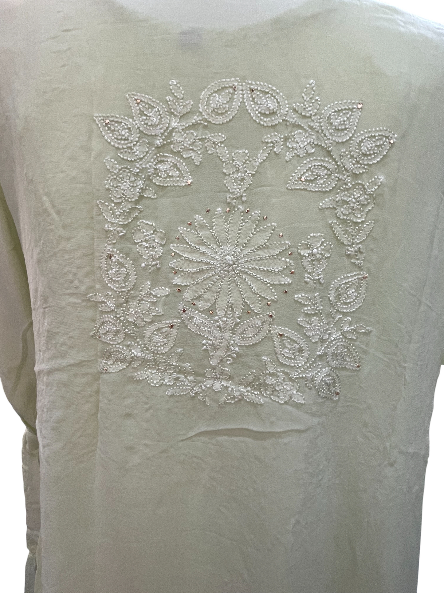 Hand Chikan Embroidery Pearl Sleeve Georgette Light Green Top - SHILVIKA