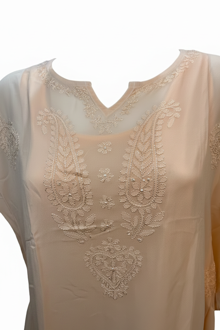 Peach Georgette Short Kaftan with Chikankari Embroidery - SHILVIKA