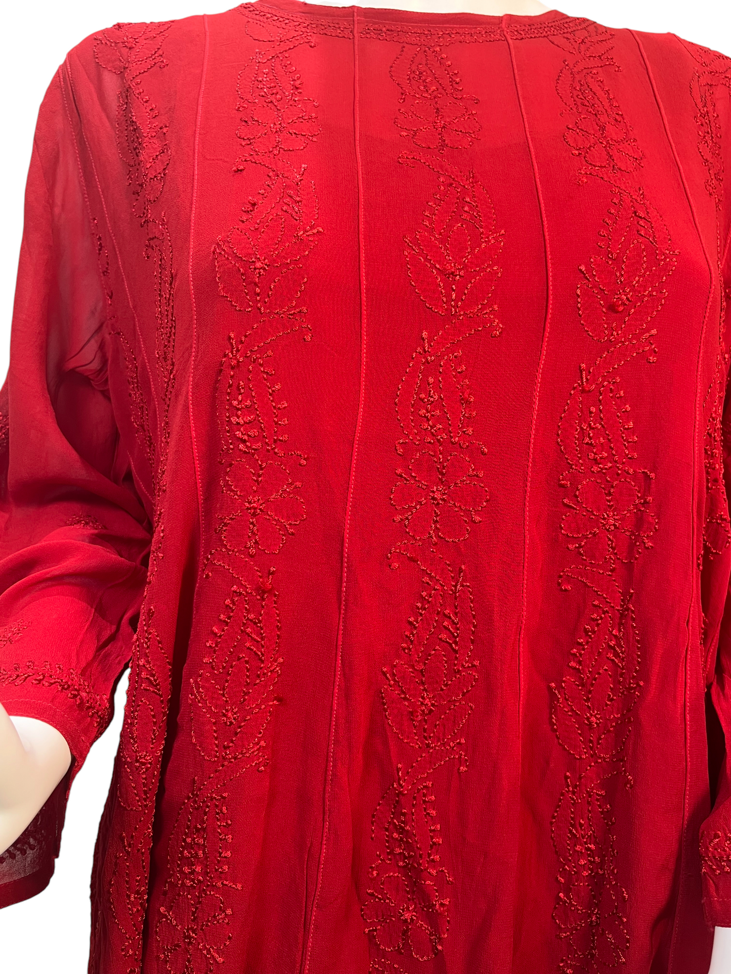 Vibrant Chikankari Embroidered Short Anarkali Dress with Floral Motifs in Red - SHILVIKA