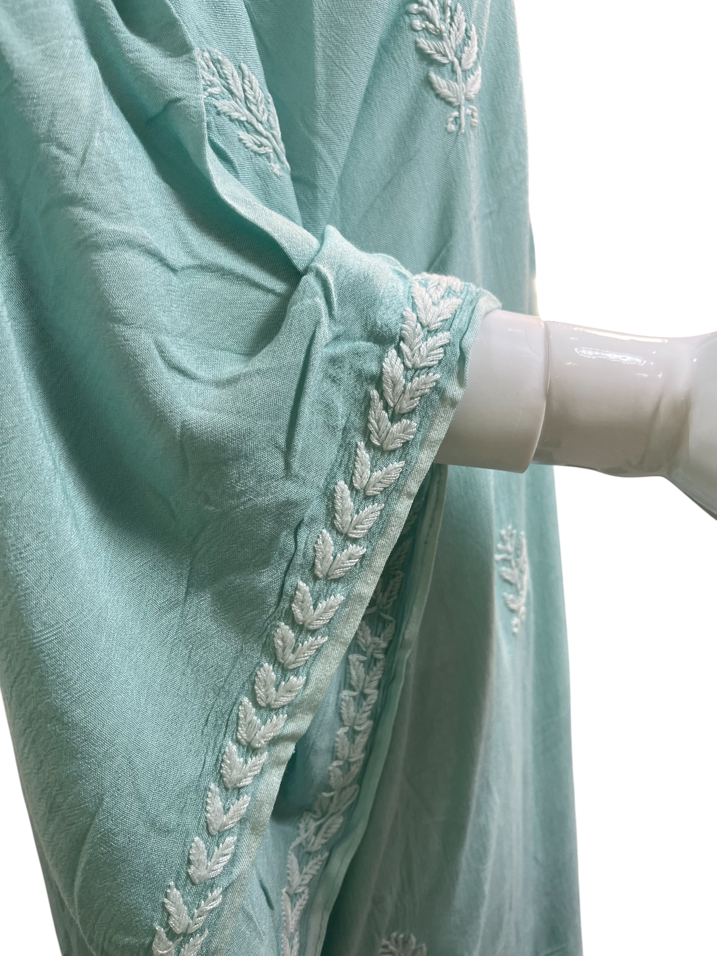 Sea Green Crush Rayon Kaftan with Intricate Chikankari Embroidery - SHILVIKA