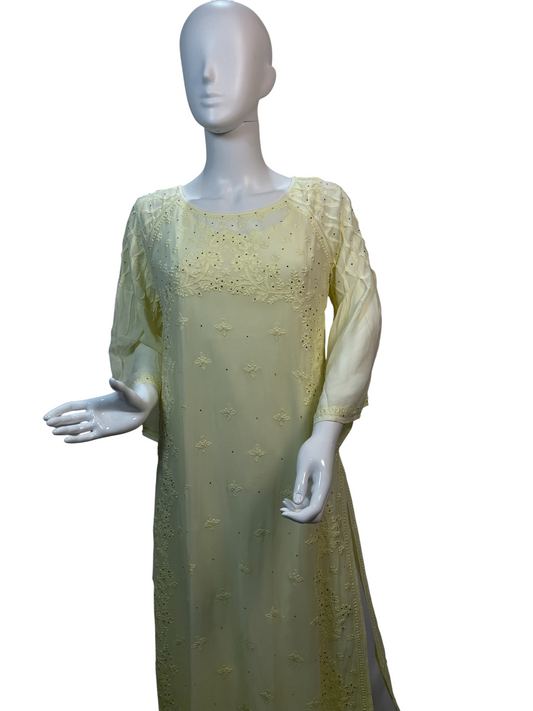 Handcrafted Chikankari Kurti with Smocked Sleeves - SHILVIKA