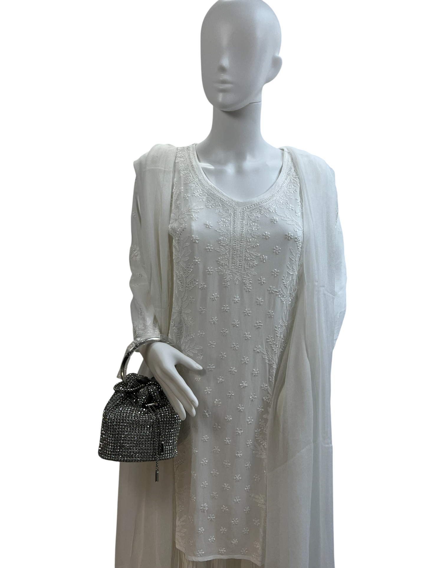 White Chikankari V-Neck Kurta Set with 6-Kali Gharara Plazo and Dupatta - SHILVIKA