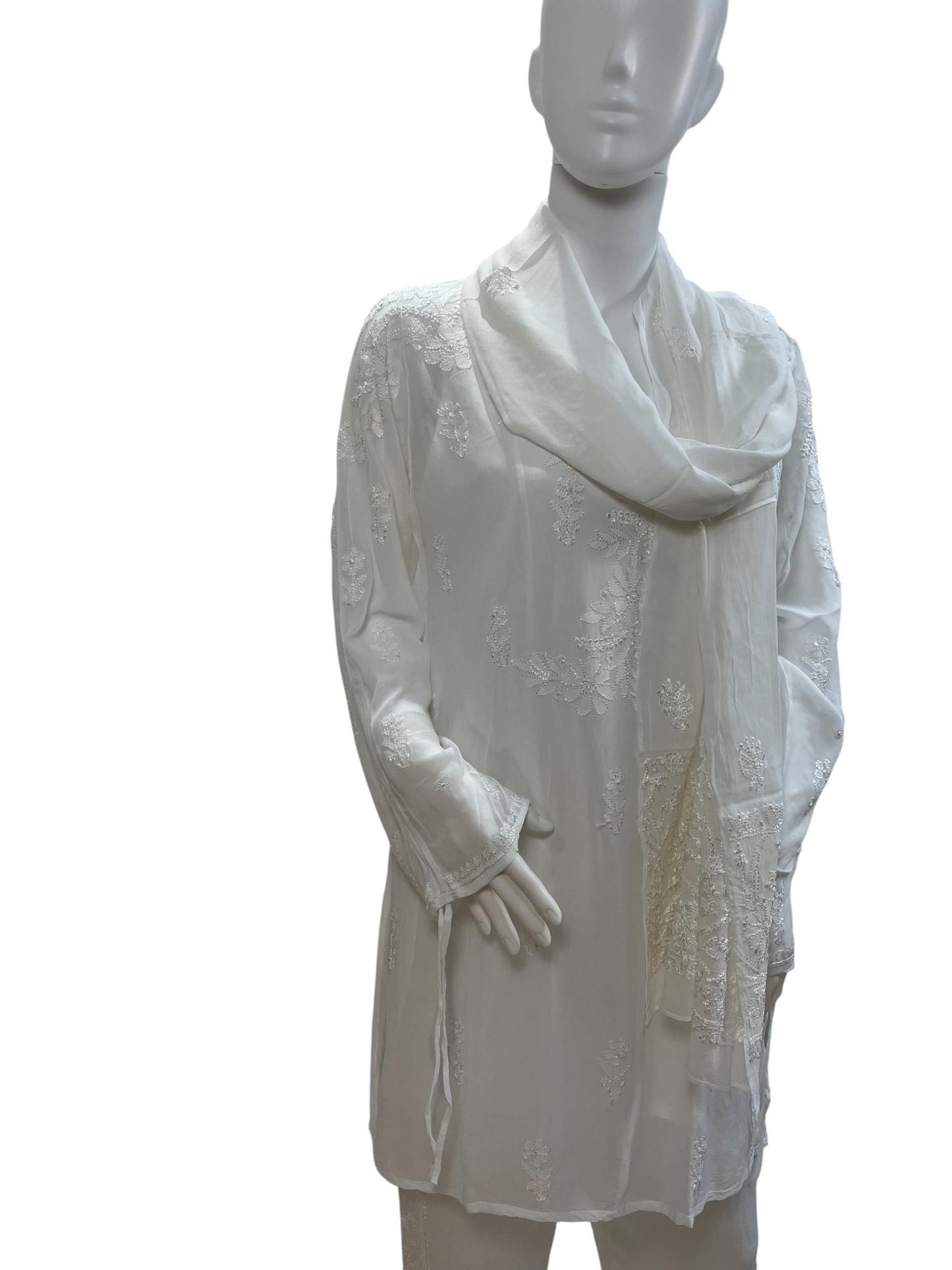 Elegant White Chikankari-Style Embroidered Co-ord Set - SHILVIKA