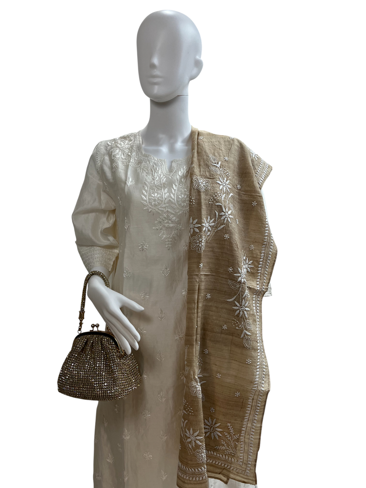 Chanderi Ivory Chikankari Embroidered Kurta with Matching Pant - SHILVIKA