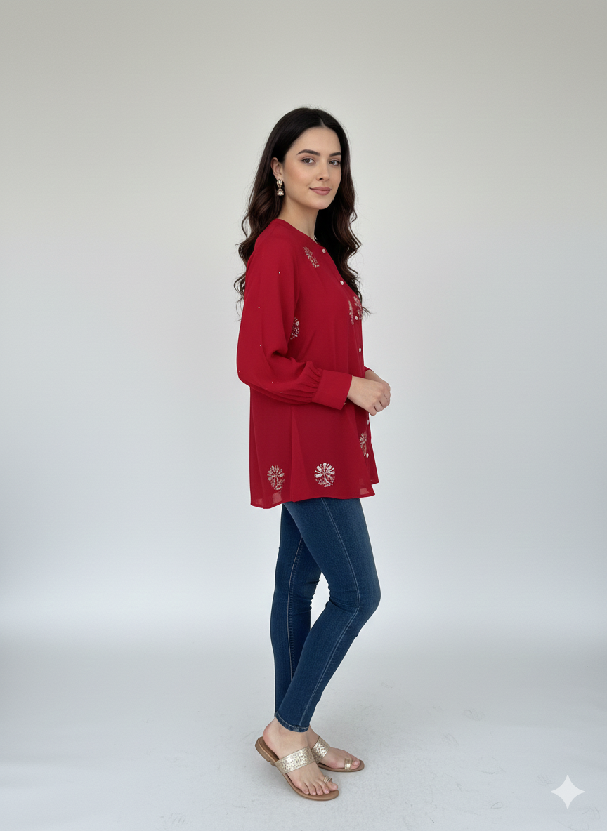 Pure Silk Georgette Shirt with Balda Work - Red - SHILVIKA