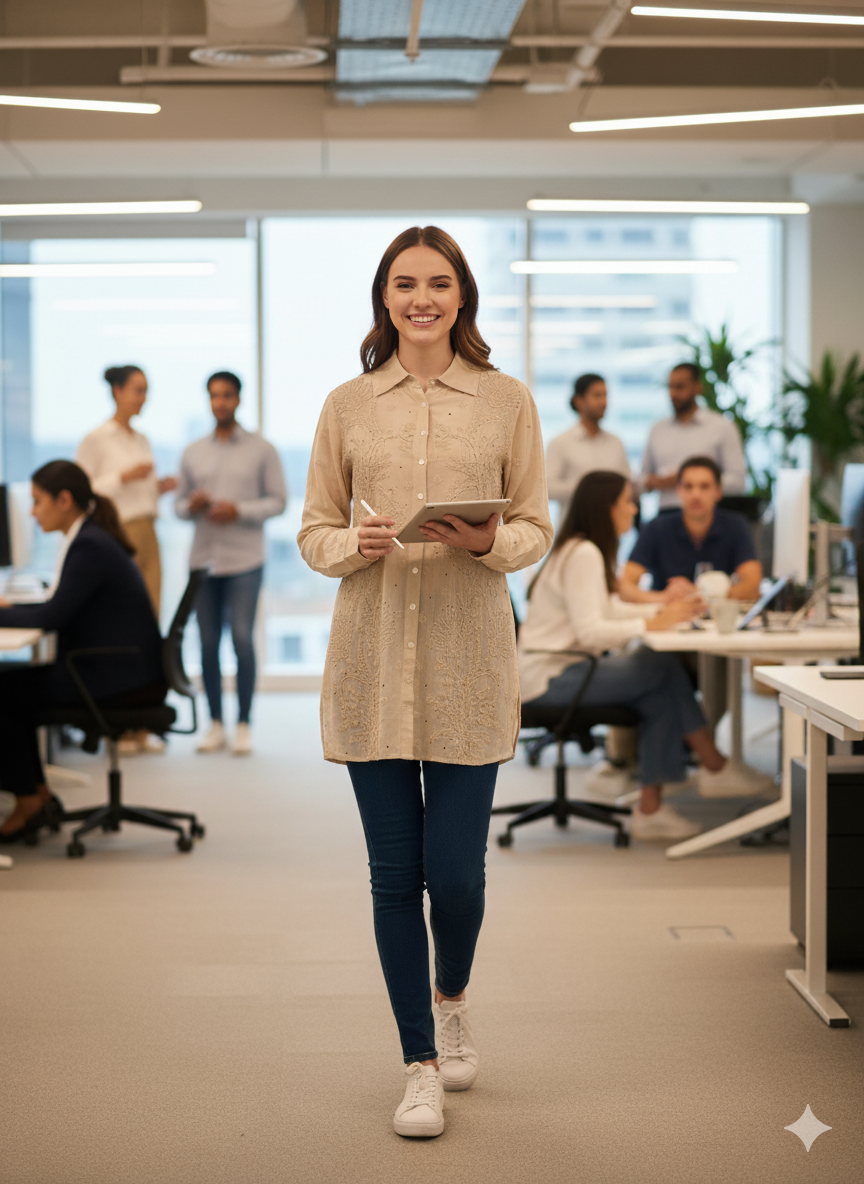 Chikan Hand Embroidered Georgette Beige Shirt