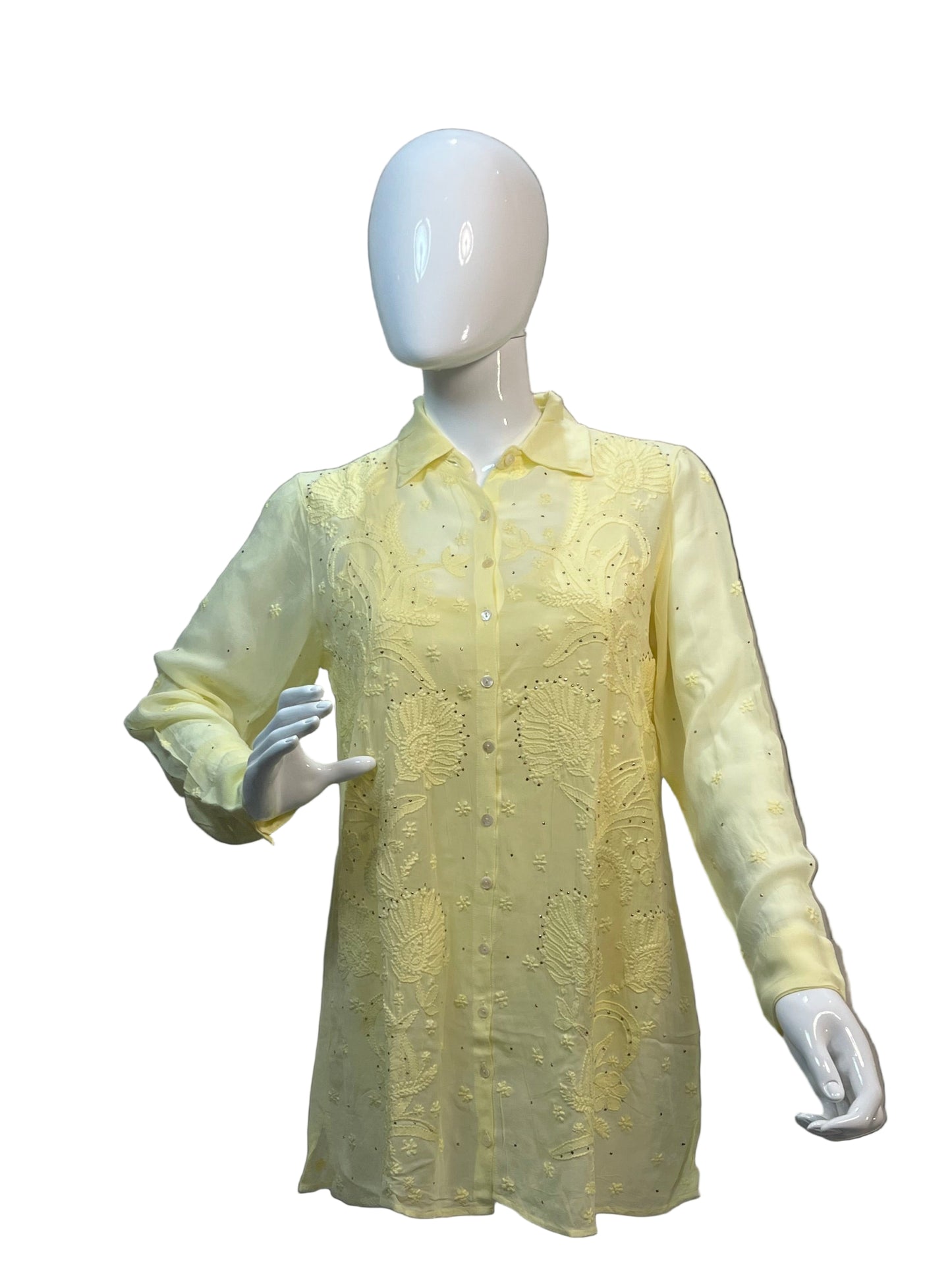 Chikan Hand Embroidered Georgette Yellow Shirt - SHILVIKA