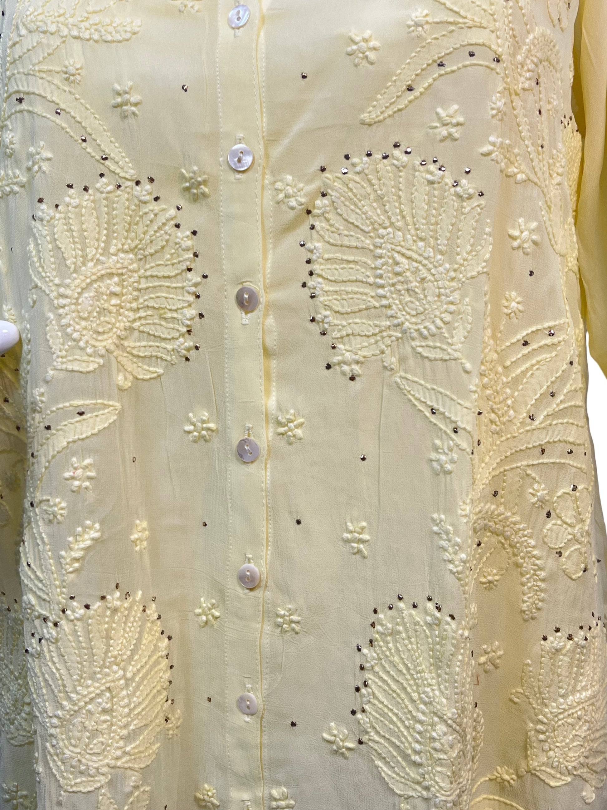 Chikan Hand Embroidered Georgette Yellow Shirt - SHILVIKA
