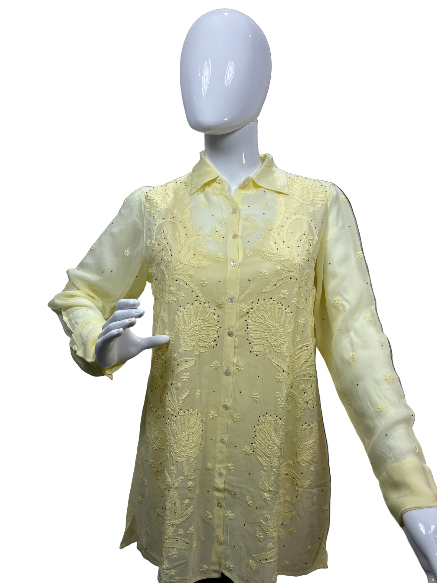 Chikan Hand Embroidered Georgette Yellow Shirt - SHILVIKA