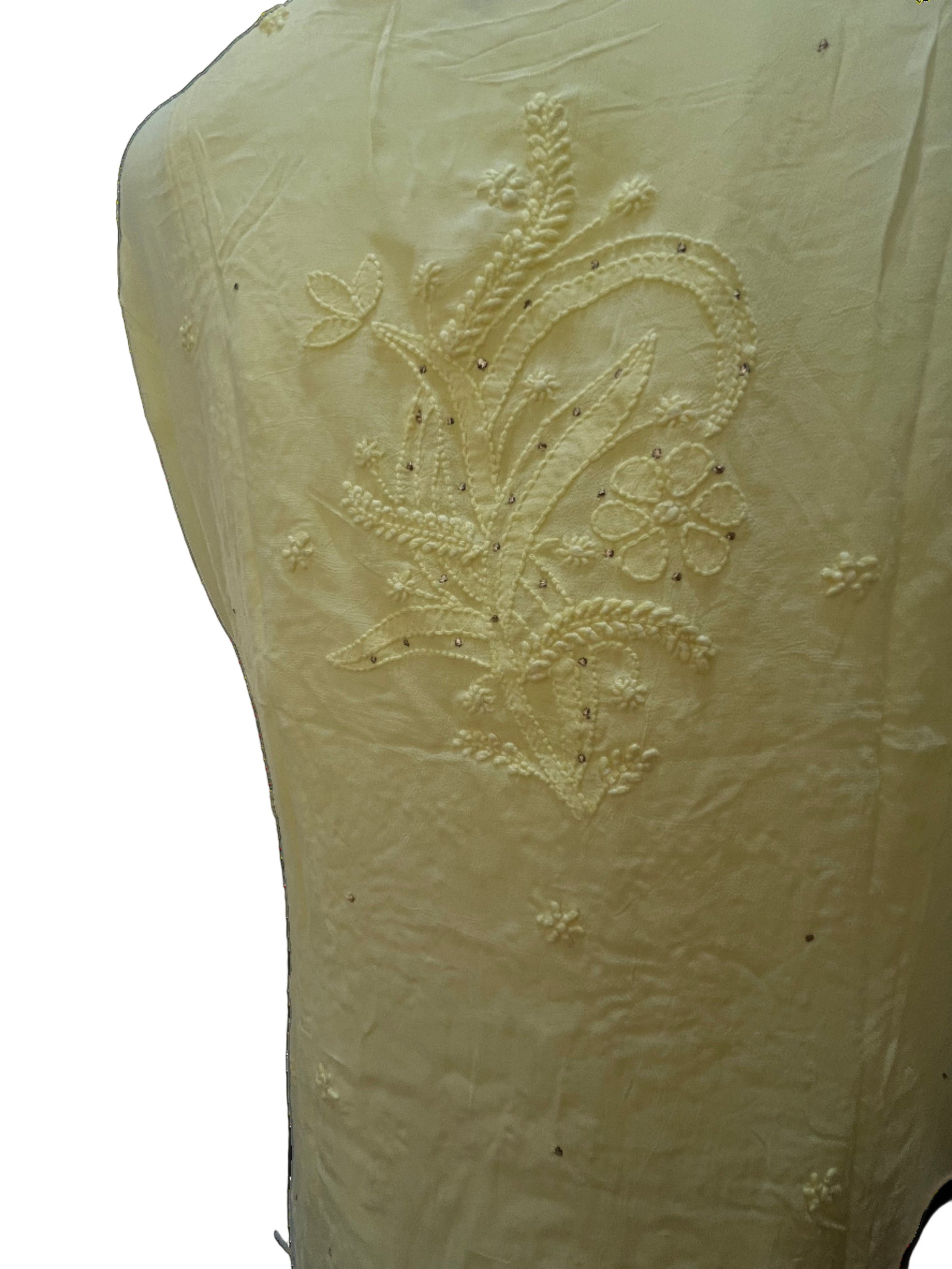 Chikan Hand Embroidered Georgette Yellow Shirt - SHILVIKA