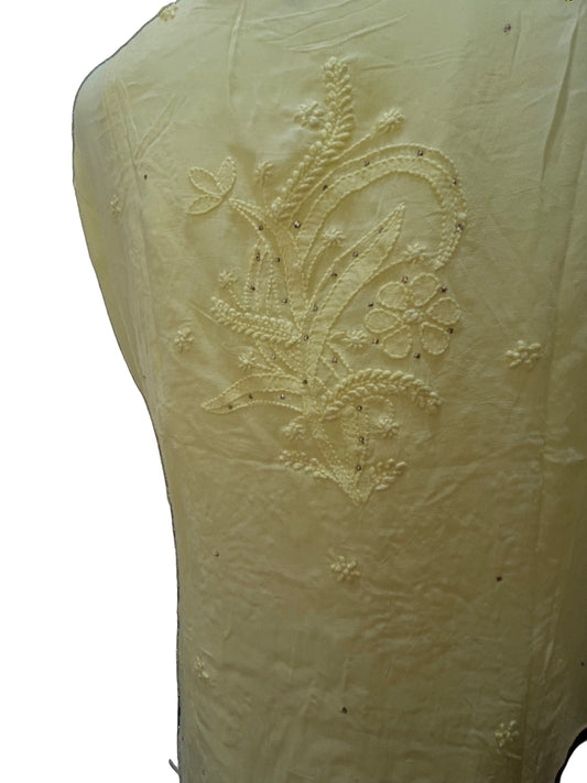 Chikan Hand Embroidered Georgette Yellow Shirt - SHILVIKA