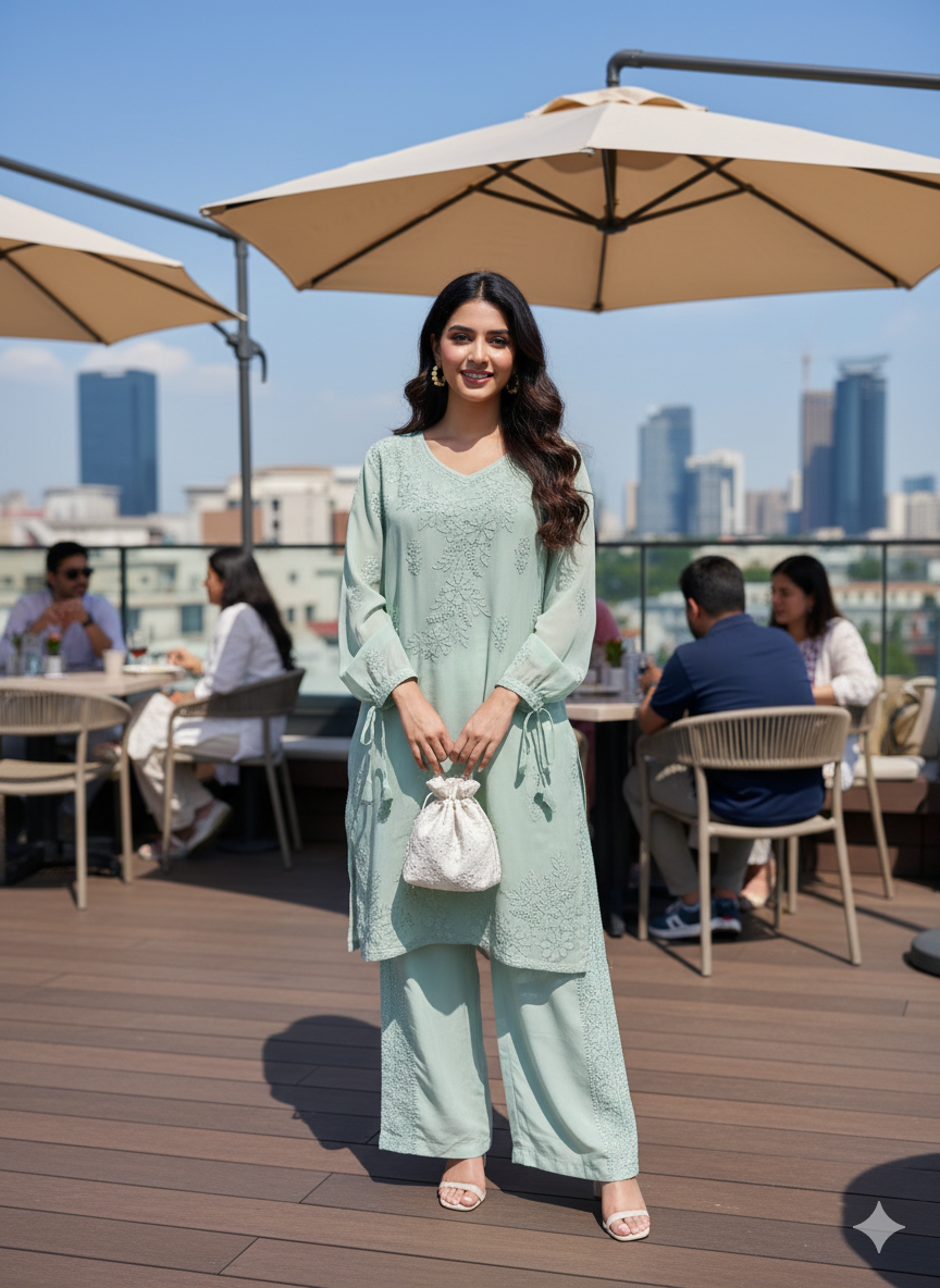 Elegant Mint Green Chikankari-Style Embroidered Co-ord Set