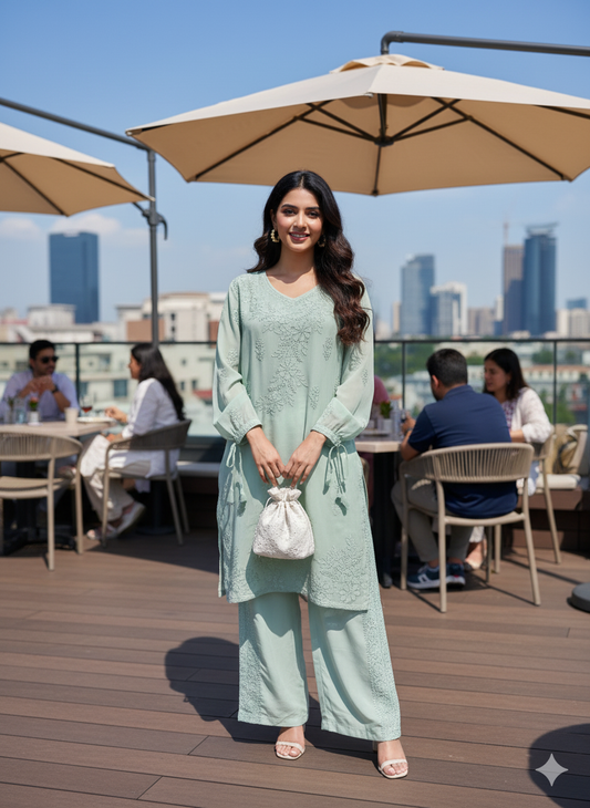 Elegant Mint Green Chikankari-Style Embroidered Co-ord Set