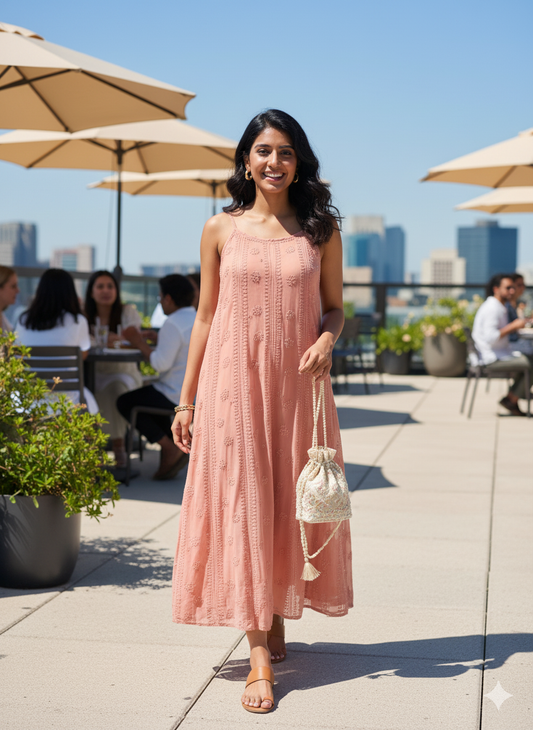 Peach Chikankari Embroidered Spaghetti - Full Front & Back Embroidery