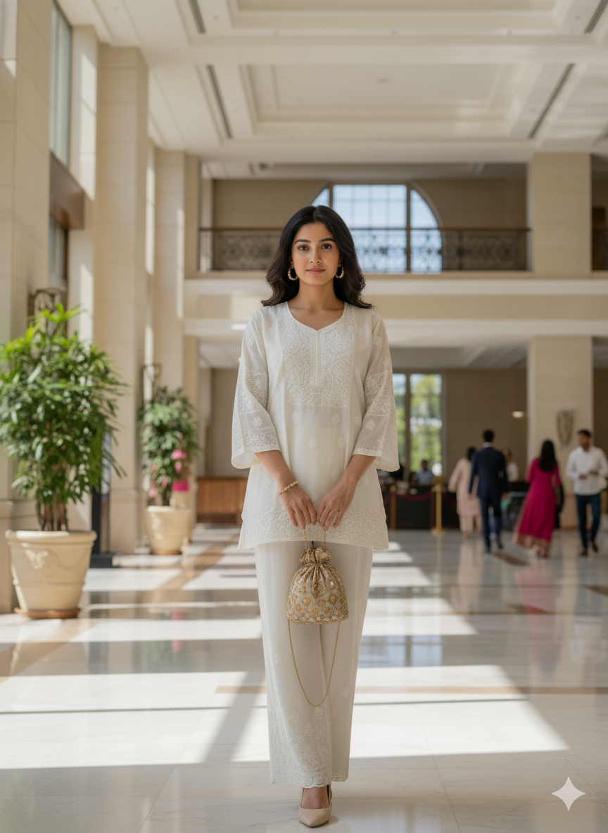 Chikan Hand Embroidery Chanderi Patch Top - Ivory - SHILVIKA