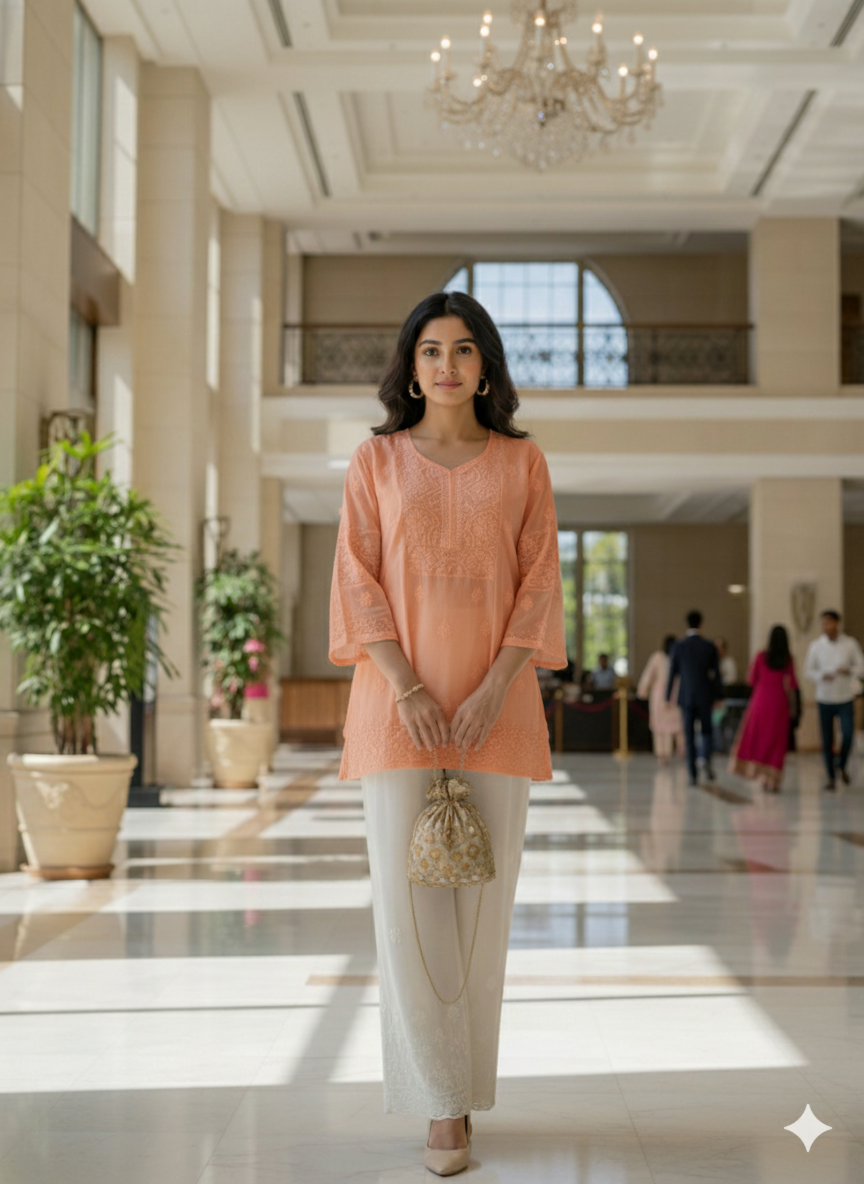 Chikan Hand Embroidery Chanderi Patch Top - Peach - SHILVIKA