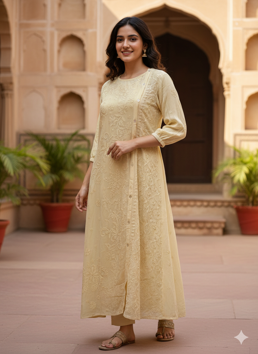 Elegant Chikankari Embroidered Georgette Side Button Dress - Light Mustard