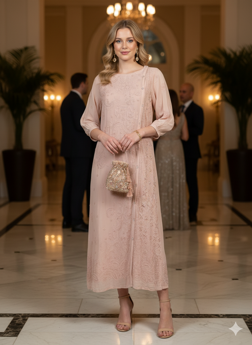 Elegant Chikankari Embroidered Georgette Side Button Dress - Onion Pink - SHILVIKA