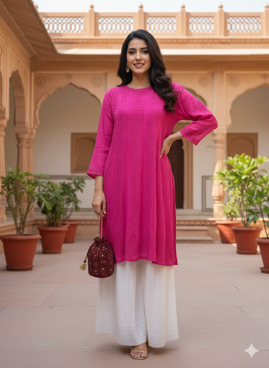 Vibrant Chikankari Embroidered Short Anarkali Dress with Floral Motifs in Magenta