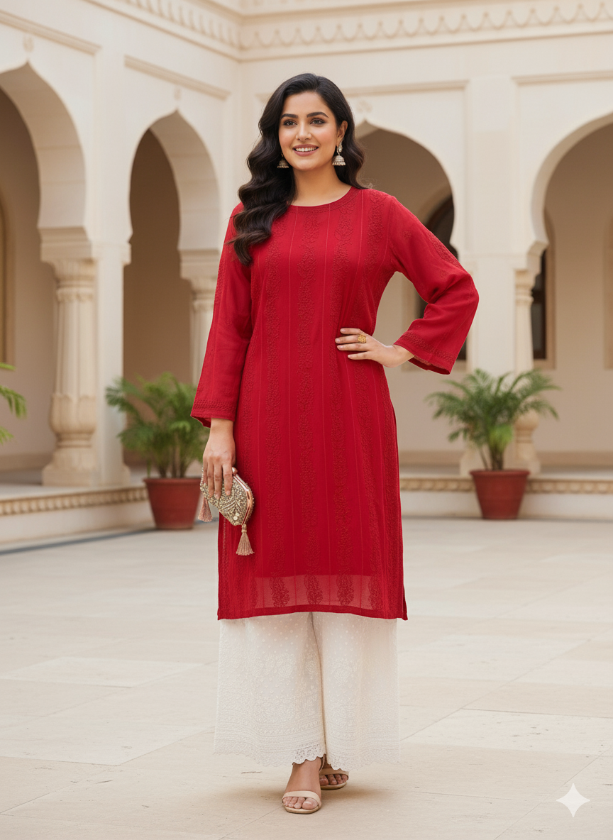 Vibrant Chikankari Embroidered Short Anarkali Dress with Floral Motifs in Red