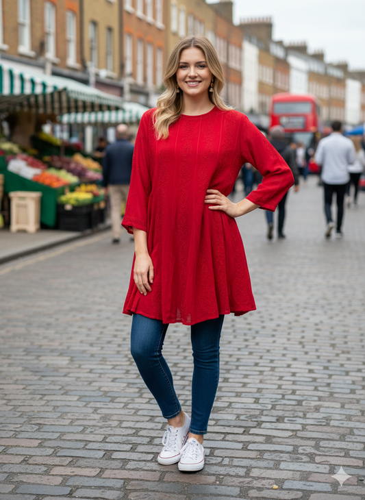 Vibrant Chikankari Embroidered Short Anarkali Dress with Floral Motifs in Red