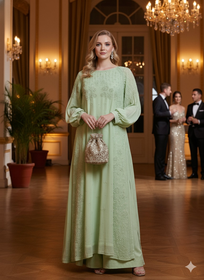 Handcrafted Chikankari Dress with Smocked Sleeves - Shaded Green - SHILVIKA