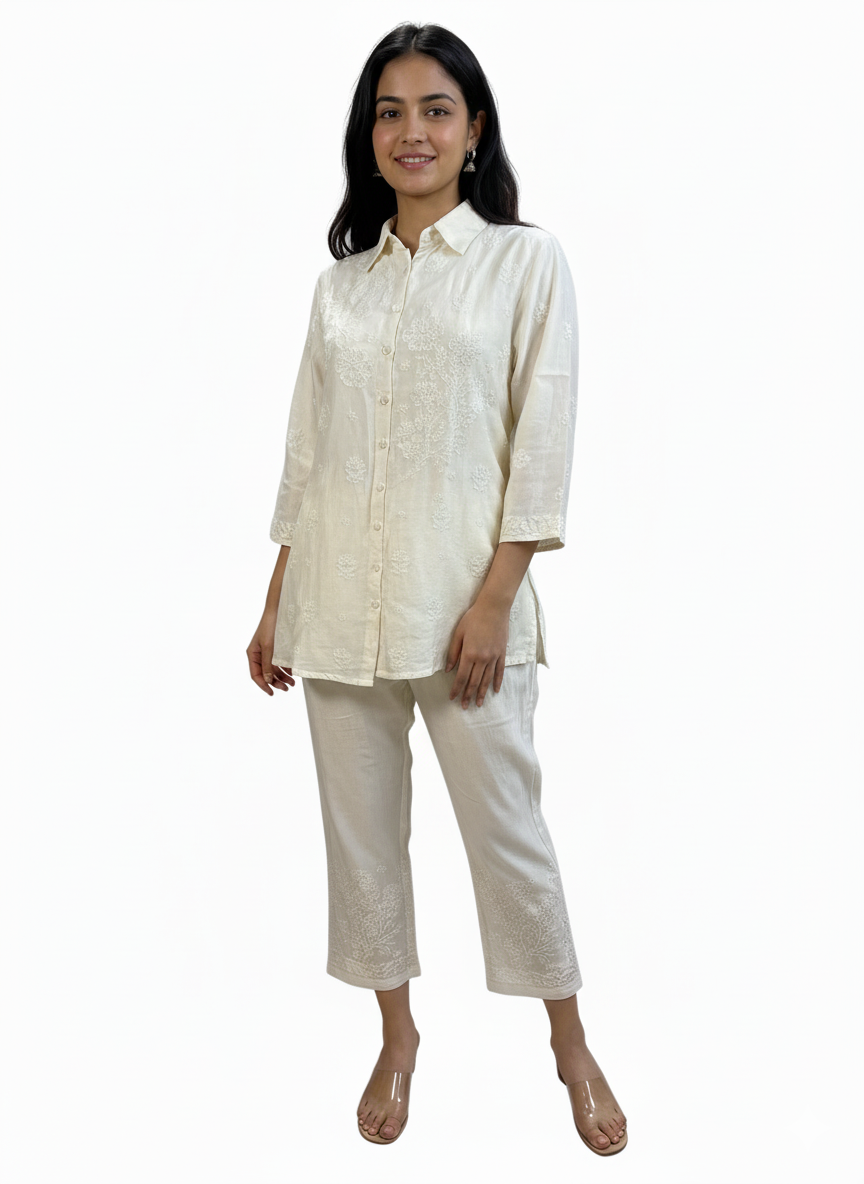 Ivory Chanderi Chikankari Shirt & Pant Co-ord