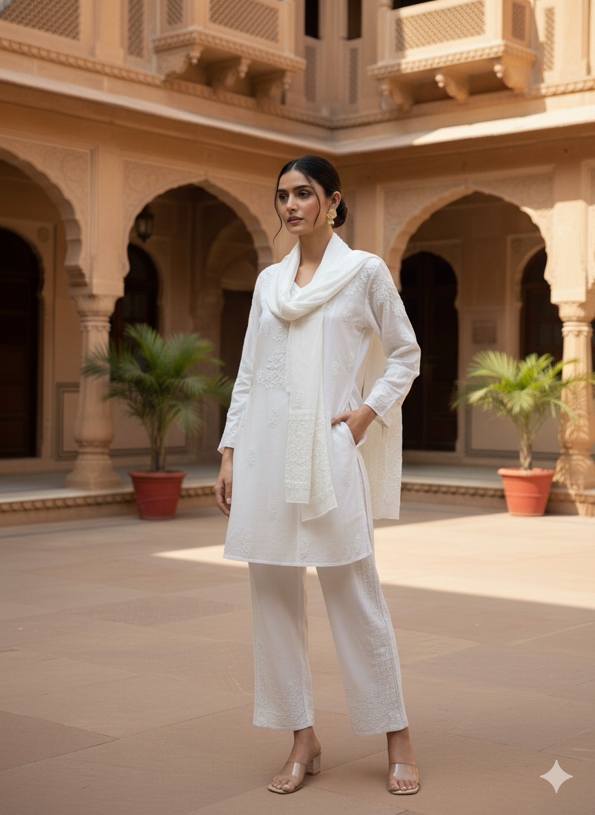 Elegant White Chikankari Hand Embroidered Co-ord Set