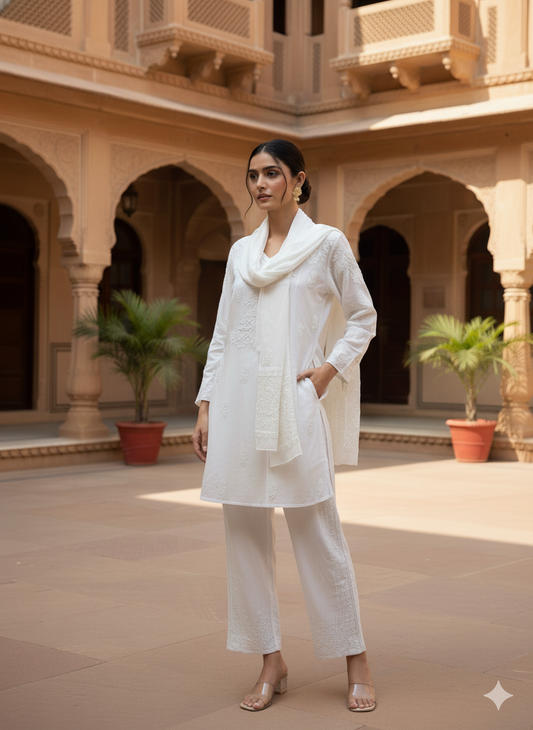 Elegant White Chikankari Hand Embroidered Co-ord Set