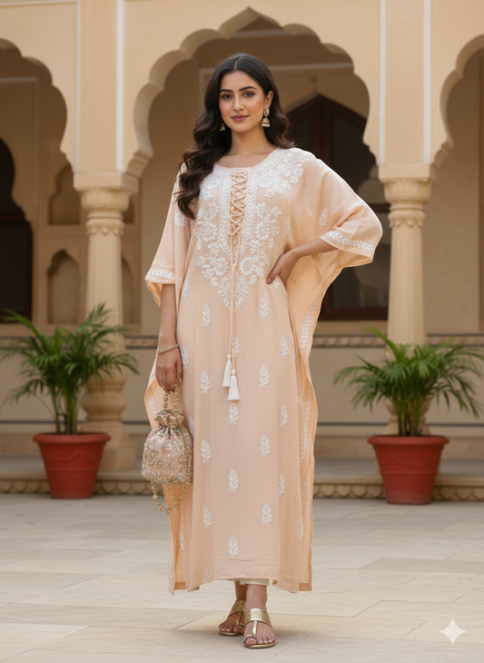 Peach Crush Rayon Kaftan with Intricate Chikankari Embroidery