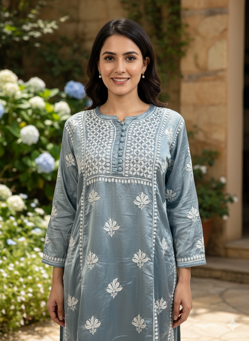 Greyish Blue Satin Chikankari Kurti with Ghaspatti & Keel Kangan Embroidery - SHILVIKA