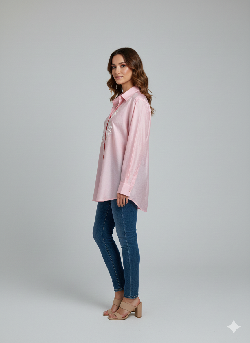 Pure Silk Shirt with Chikan Embroidery - Pink - SHILVIKA