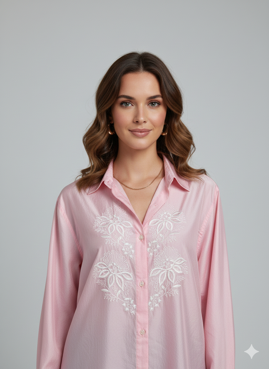 Pure Silk Shirt with Chikan Embroidery - Pink - SHILVIKA