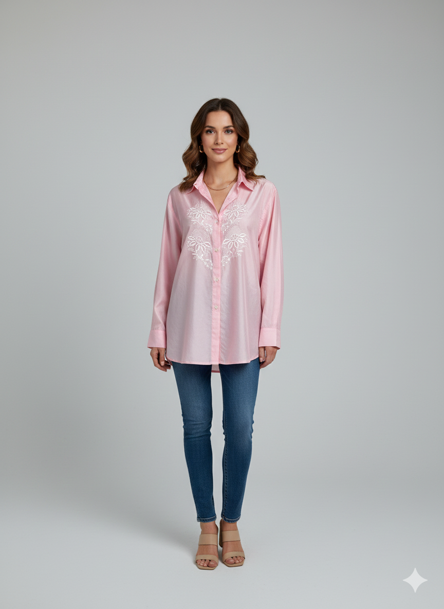 Pure Silk Shirt with Chikan Embroidery - Pink - SHILVIKA
