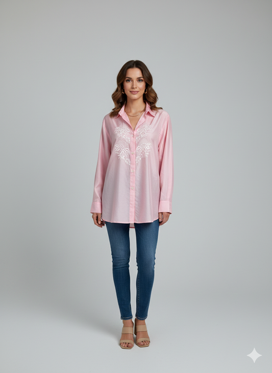 Pure Silk Shirt with Chikan Embroidery - Pink - SHILVIKA