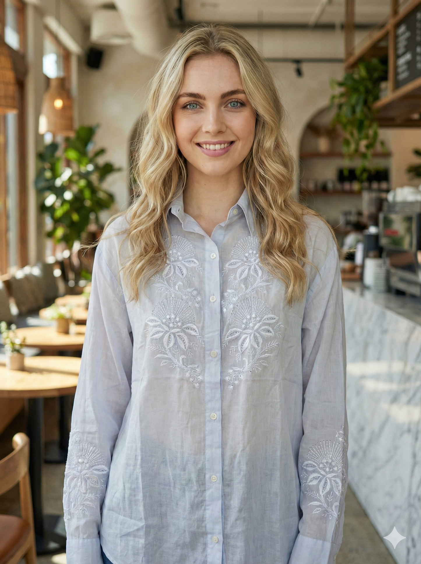 Pure Silk Shirt with Chikan Embroidery - Celeste Blue - SHILVIKA