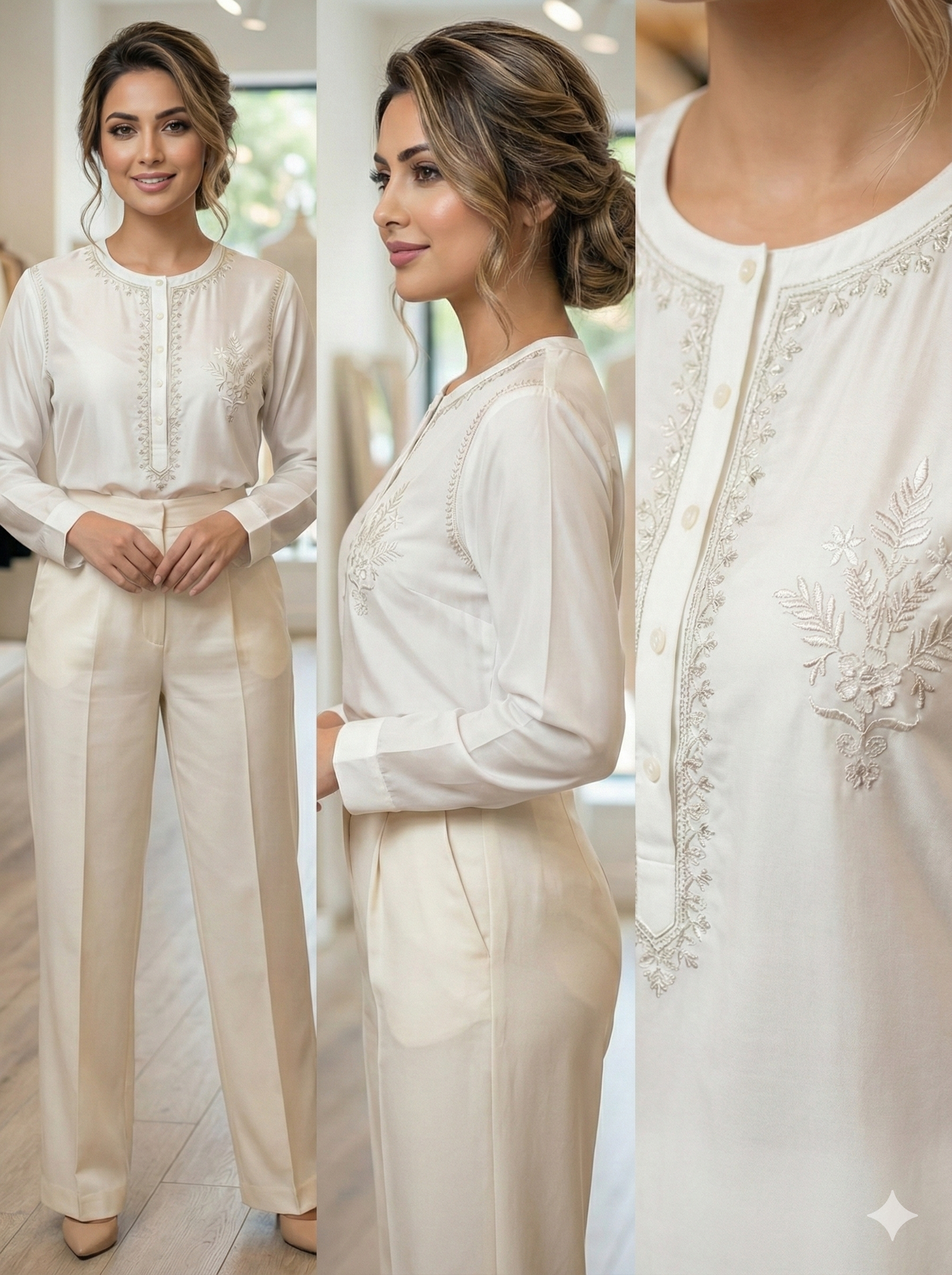 Pure Silk Georgette Shirt with Chikan Embroidery - Natural - SHILVIKA