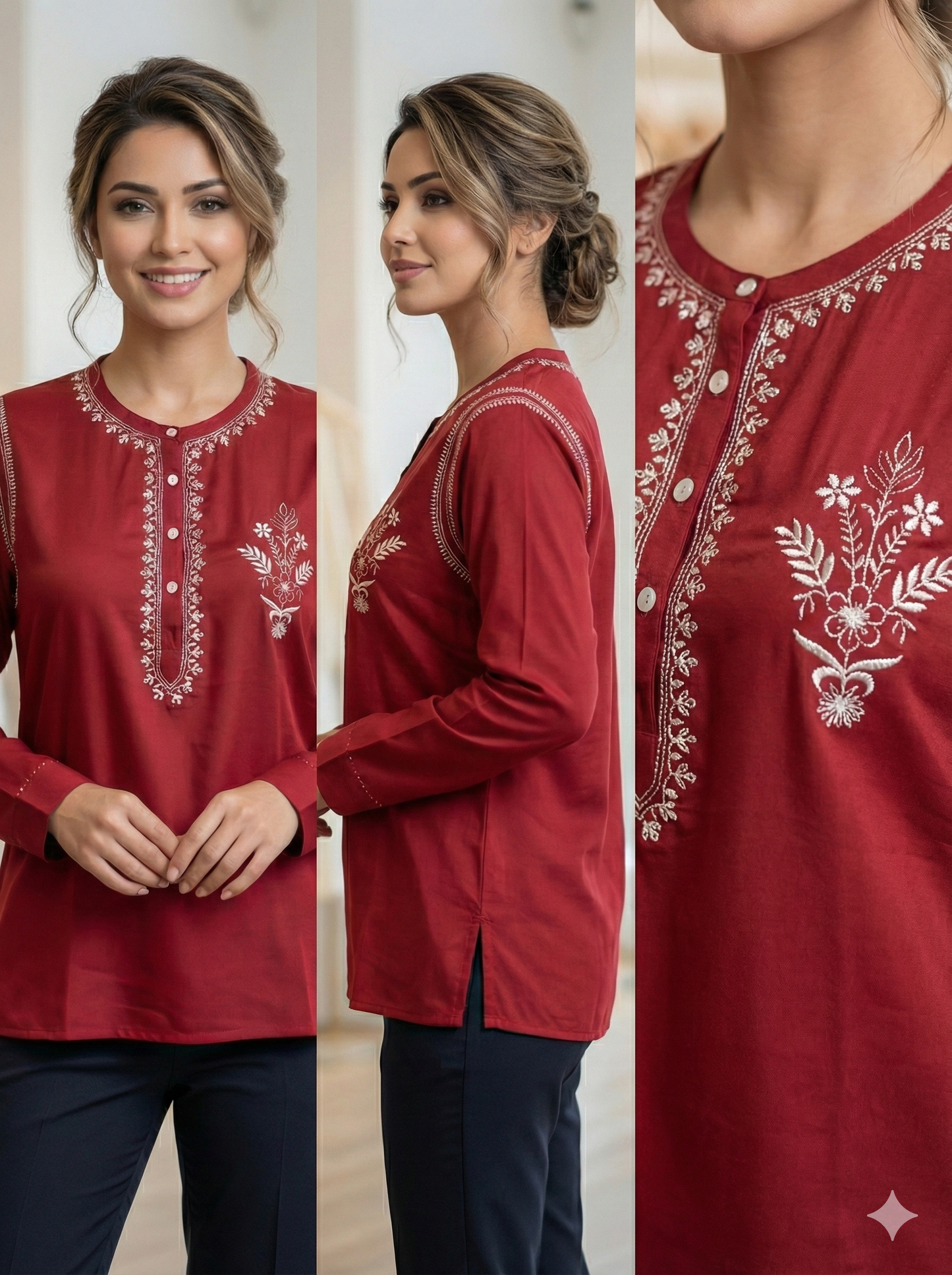Pure Silk Georgette Shirt with Chikan Embroidery - Burgundy - SHILVIKA